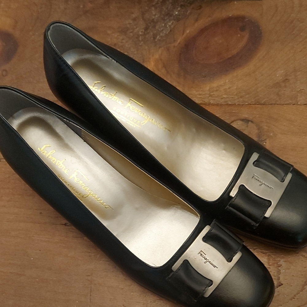 Salvatore Ferragamo Black Low heel Pump with Silver Buckle